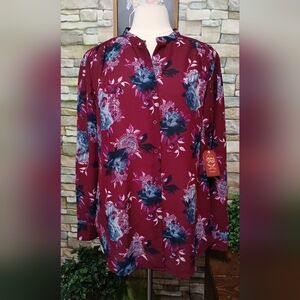 Faded Glory Women's Floral Button Down Soft Shirt-Burgundy
